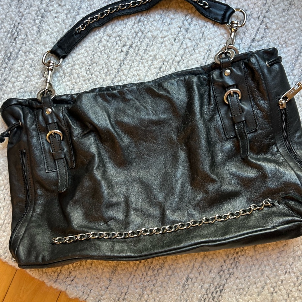 Ceoni Piero Black Italian Leather Slouchy Hobo Bag Chain Buckle Y2K Moto